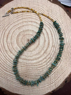 Long green chip turquoise with Orange Spiny Oyster necklace - 28 inch - Cowhide and Conchos