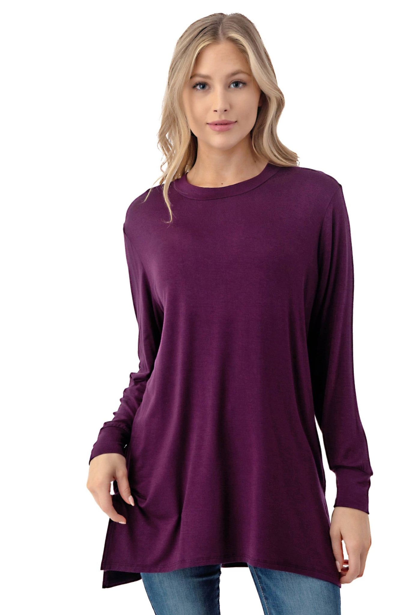 Long Sleeve Double Side Slit Tunic: Eggplant - Small and medium available - Cowhide and Conchos
