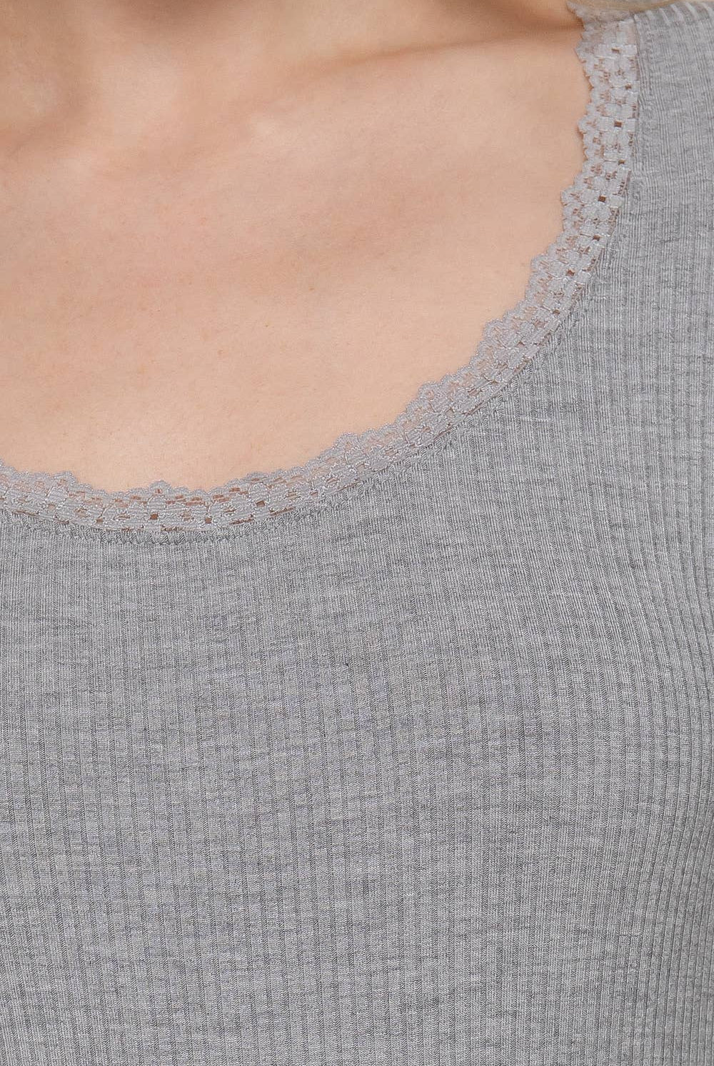Long Sleeve Scoop Neck with Lace Trim Rib Knit Top - Cowhide and Conchos