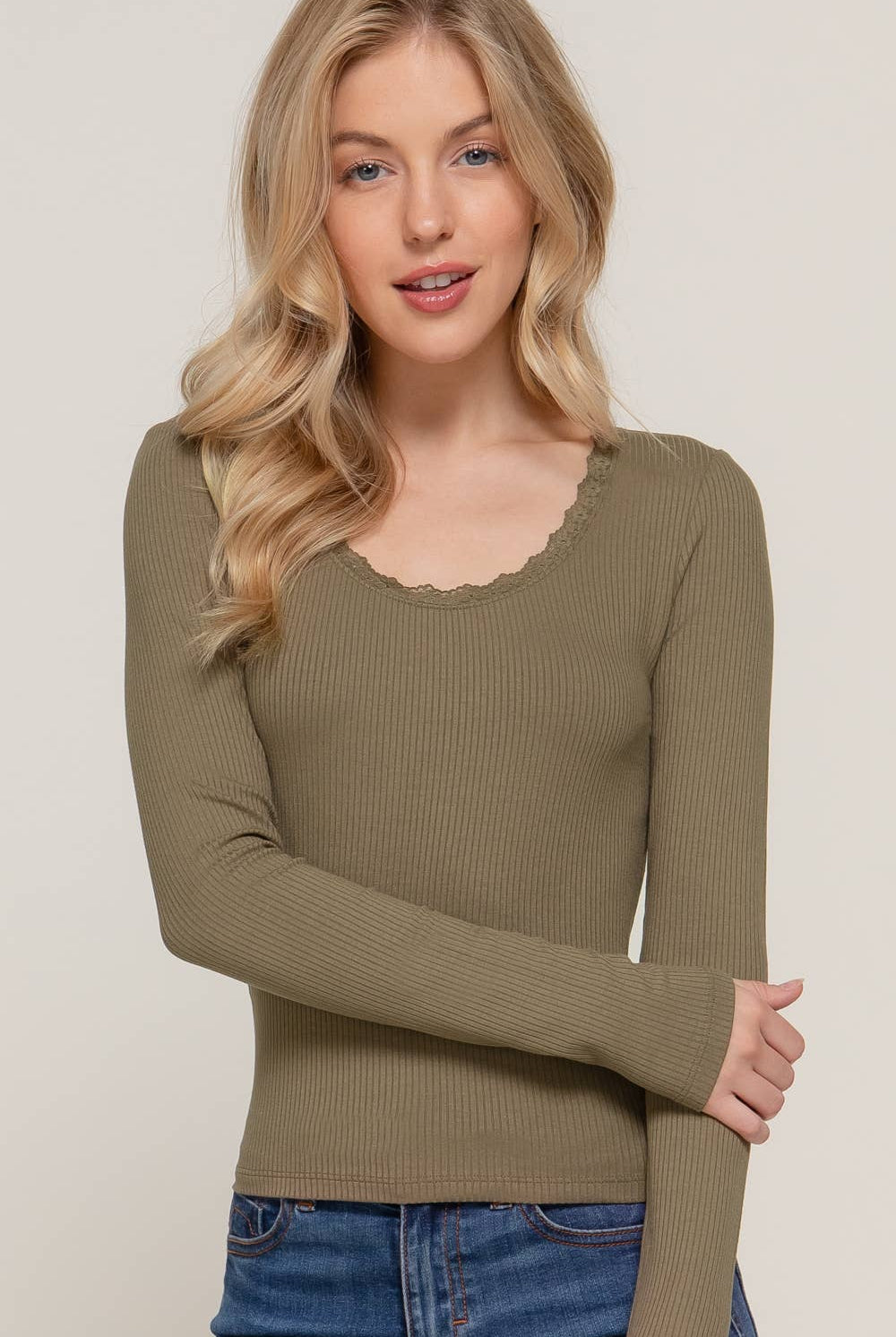 Long Sleeve Scoop Neck with Lace Trim Rib Knit Top - Cowhide and Conchos