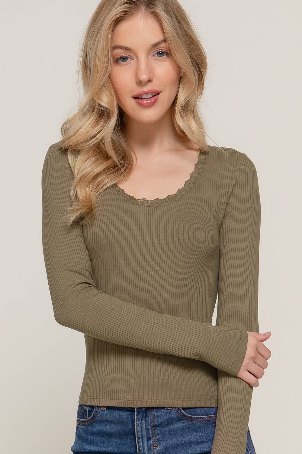 Long Sleeve Scoop Neck with Lace Trim Rib Knit Top - Cowhide and Conchos
