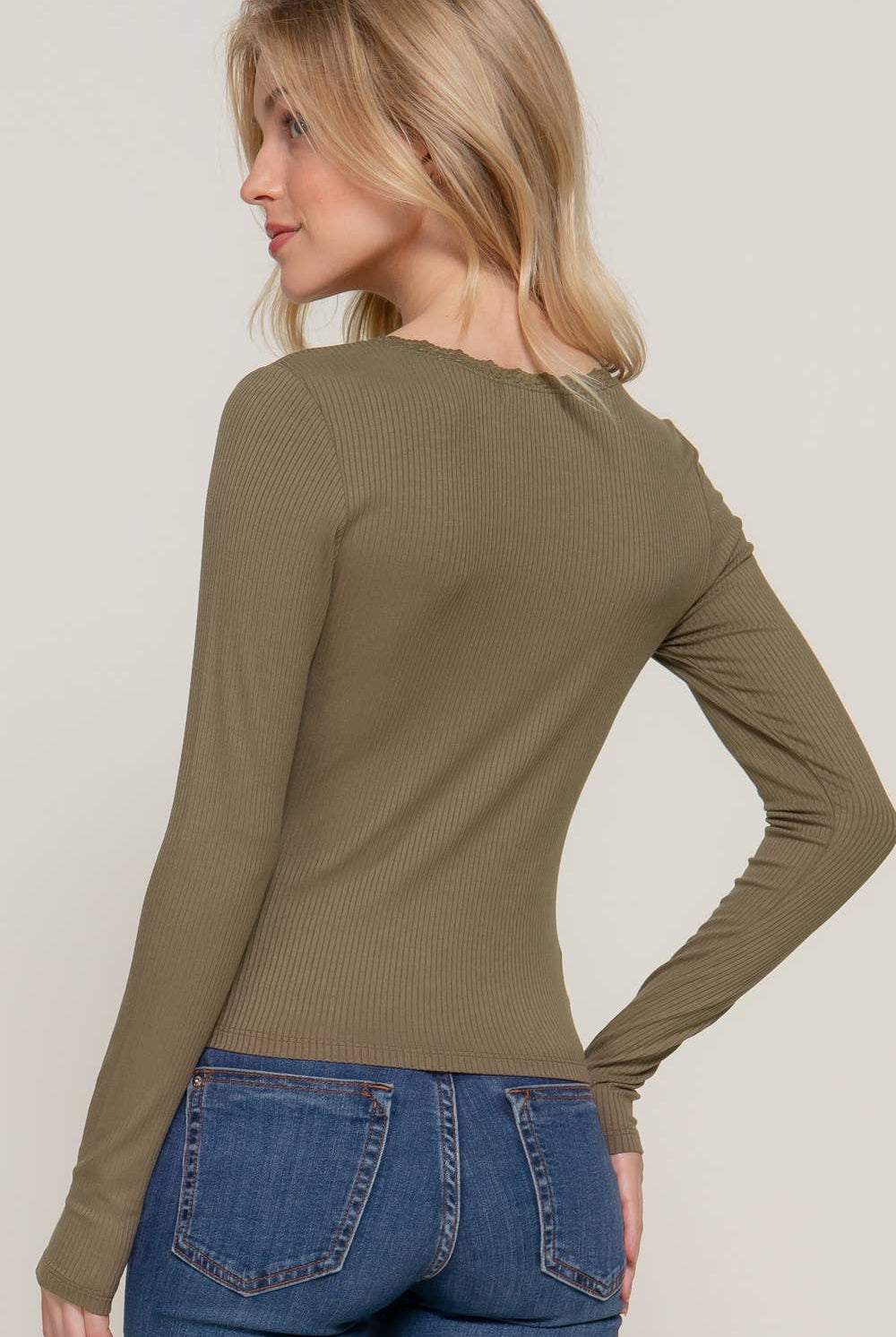 Long Sleeve Scoop Neck with Lace Trim Rib Knit Top - Cowhide and Conchos