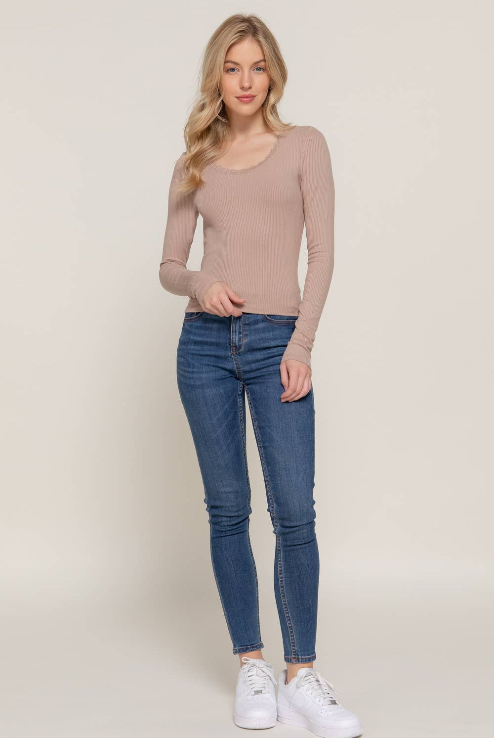 Long Sleeve Scoop Neck with Lace Trim Rib Knit Top - Cowhide and Conchos