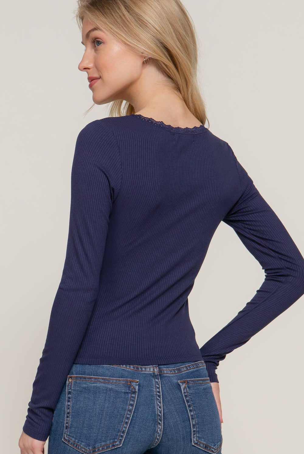 Long Sleeve Scoop Neck with Lace Trim Rib Knit Top - Cowhide and Conchos