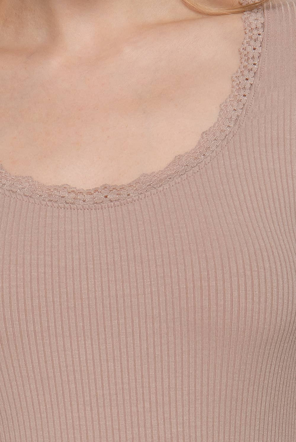 Long Sleeve Scoop Neck with Lace Trim Rib Knit Top - Cowhide and Conchos