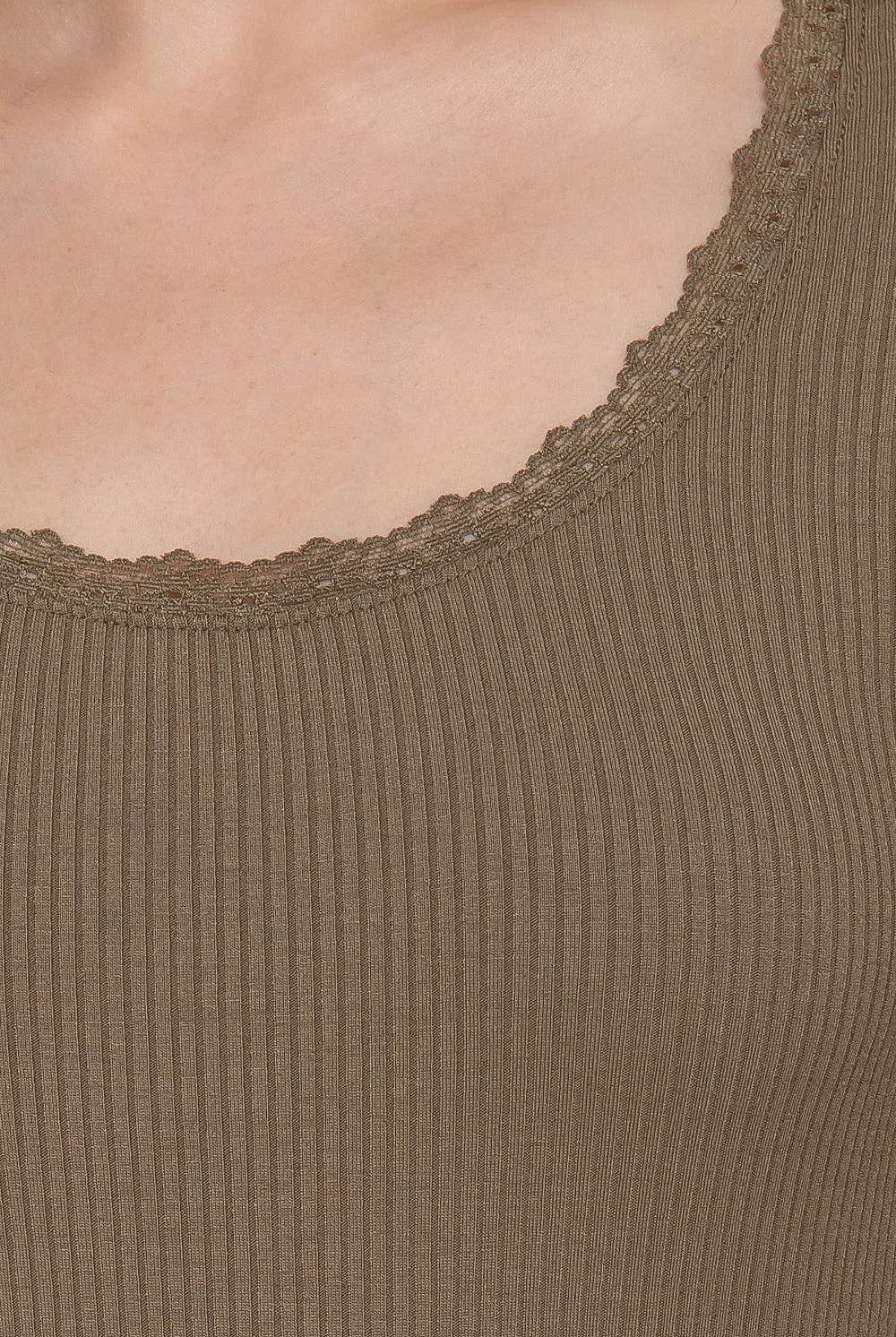 Long Sleeve Scoop Neck with Lace Trim Rib Knit Top - Cowhide and Conchos