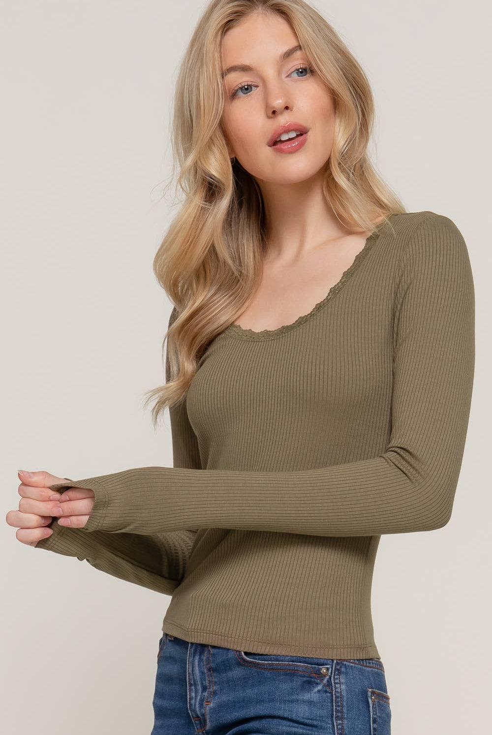Long Sleeve Scoop Neck with Lace Trim Rib Knit Top - Cowhide and Conchos
