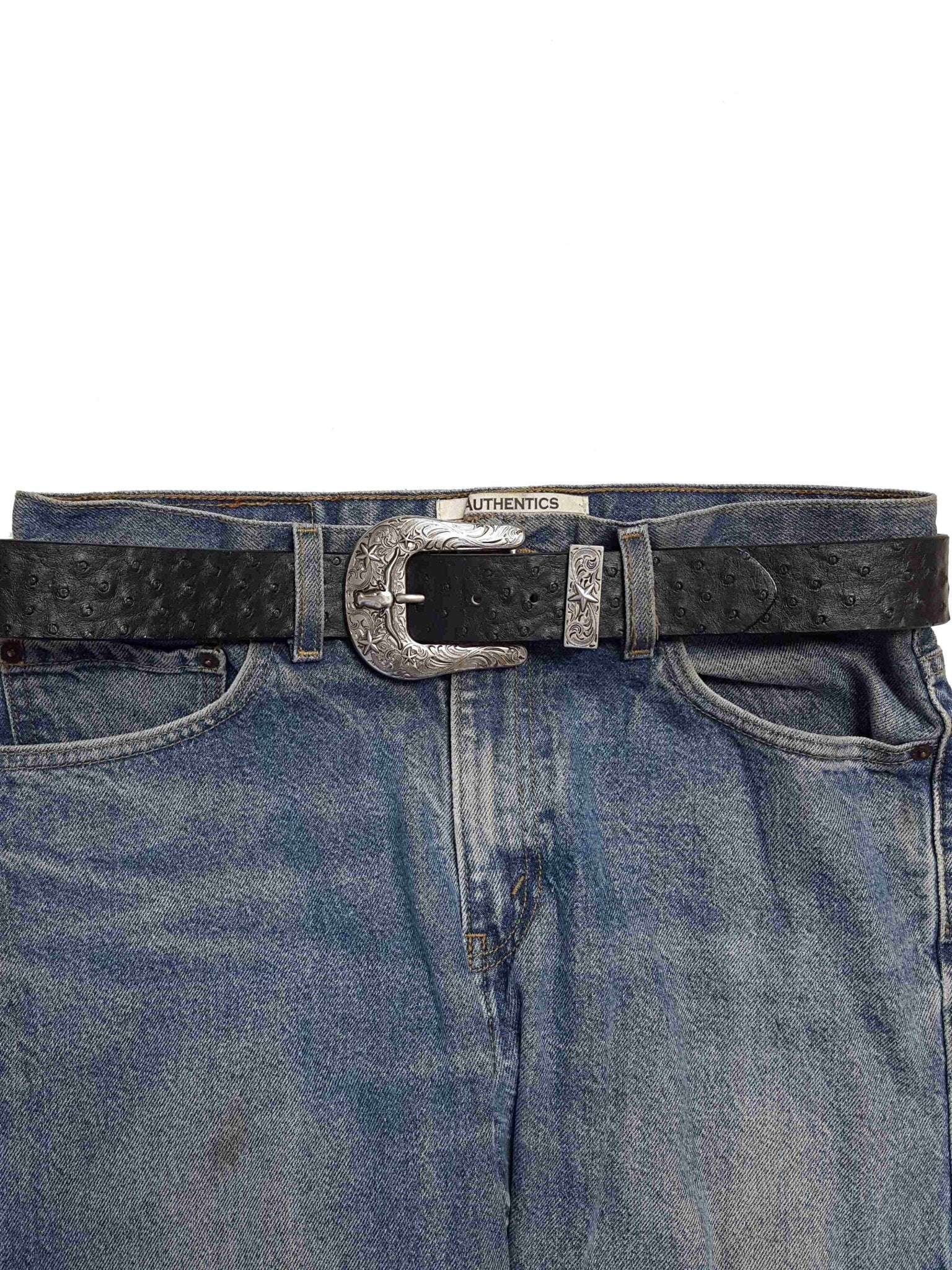 Longhorn Buckle Set w. Ostrich Print Belt - Cowhide and Conchos