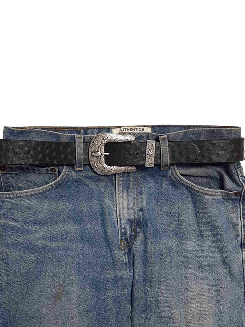 Longhorn Buckle Set w. Ostrich Print Belt - Cowhide and Conchos
