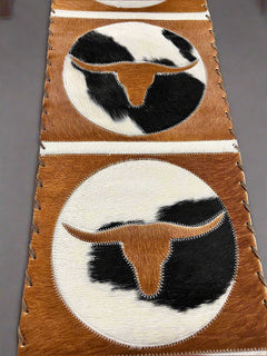Longhorn Cowhide Table Runner with Fringe - Cowhide and Conchos