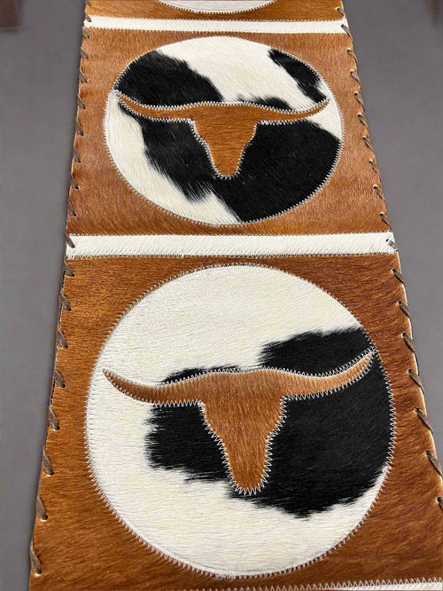 Longhorn Cowhide Table Runner with Fringe - Cowhide and Conchos