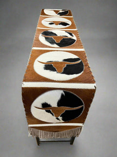 Longhorn Cowhide Table Runner with Fringe - Cowhide and Conchos