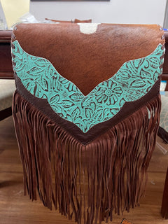 Longhorn Table Runner with Turquoise colored Embossed Leather and Fringes - Cowhide and Conchos