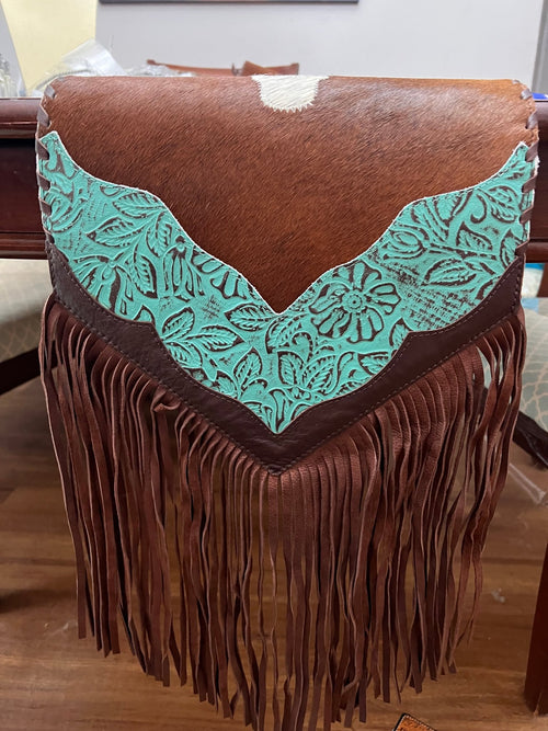 Longhorn Table Runner with Turquoise colored Embossed Leather and Fringes - Cowhide and Conchos