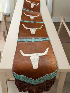 Longhorn Table Runner with Turquoise colored Embossed Leather and Fringes - Cowhide and Conchos