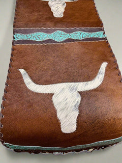Longhorn Table Runner with Turquoise colored Embossed Leather and Fringes - Cowhide and Conchos