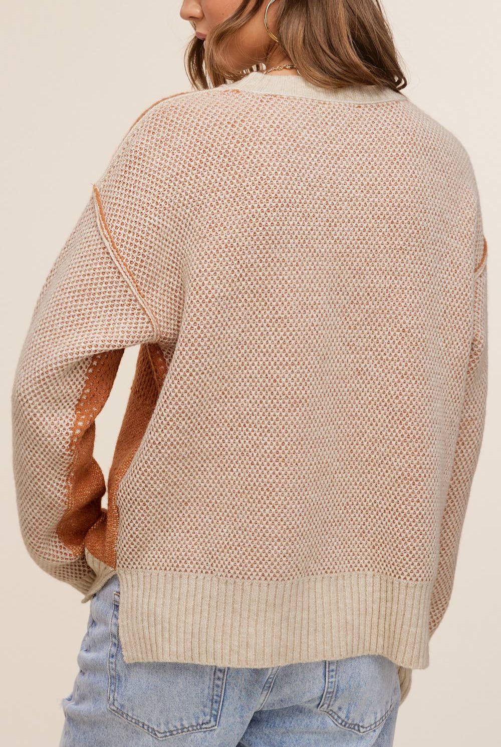 Loose Fit Color Block Textured Round Neck Sweater - Baked Ginger Medium available - Cowhide and Conchos