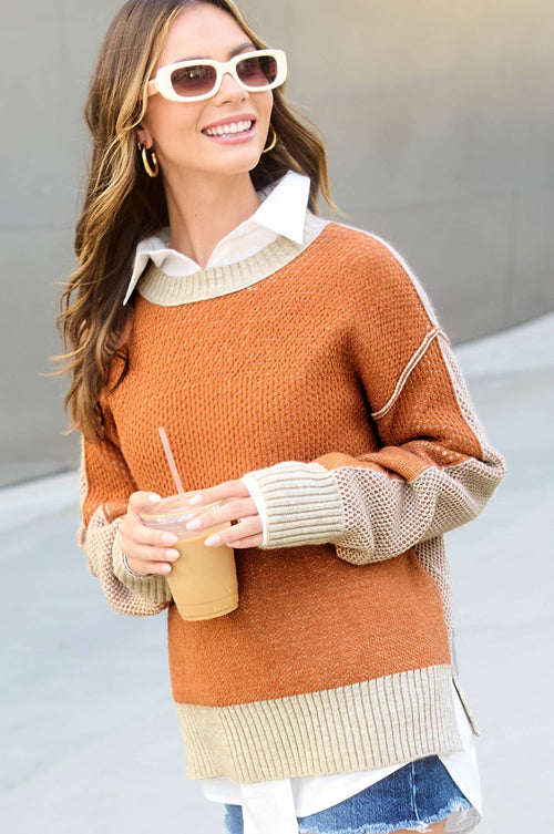 Loose Fit Color Block Textured Round Neck Sweater - Baked Ginger Medium available - Cowhide and Conchos