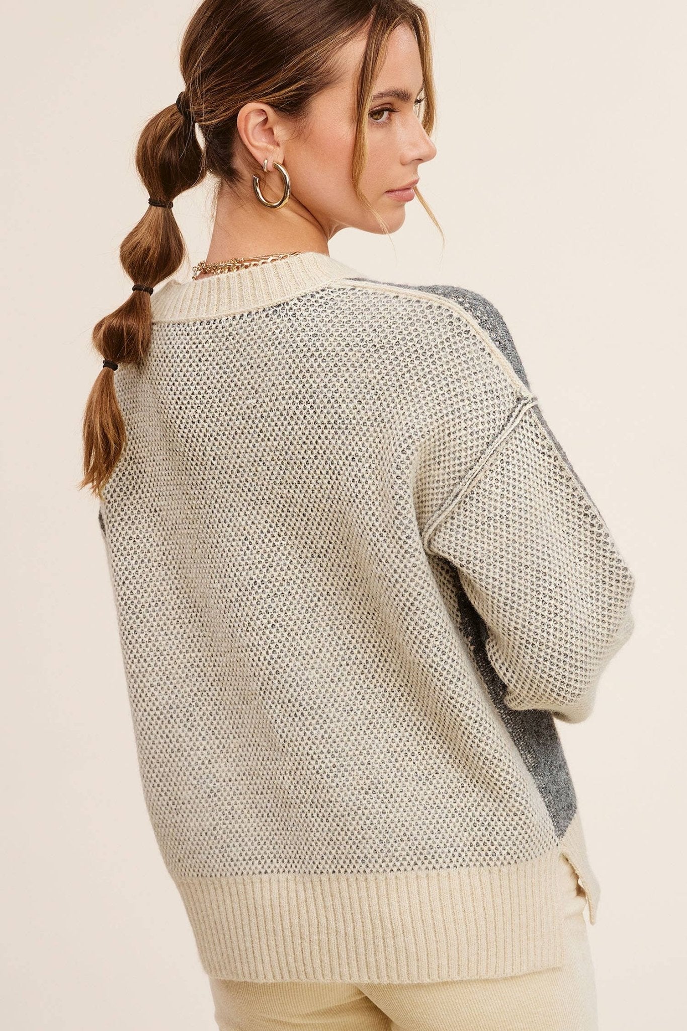 Loose Fit Color Block Textured Round Neck Sweater - Baked Ginger Medium available - Cowhide and Conchos