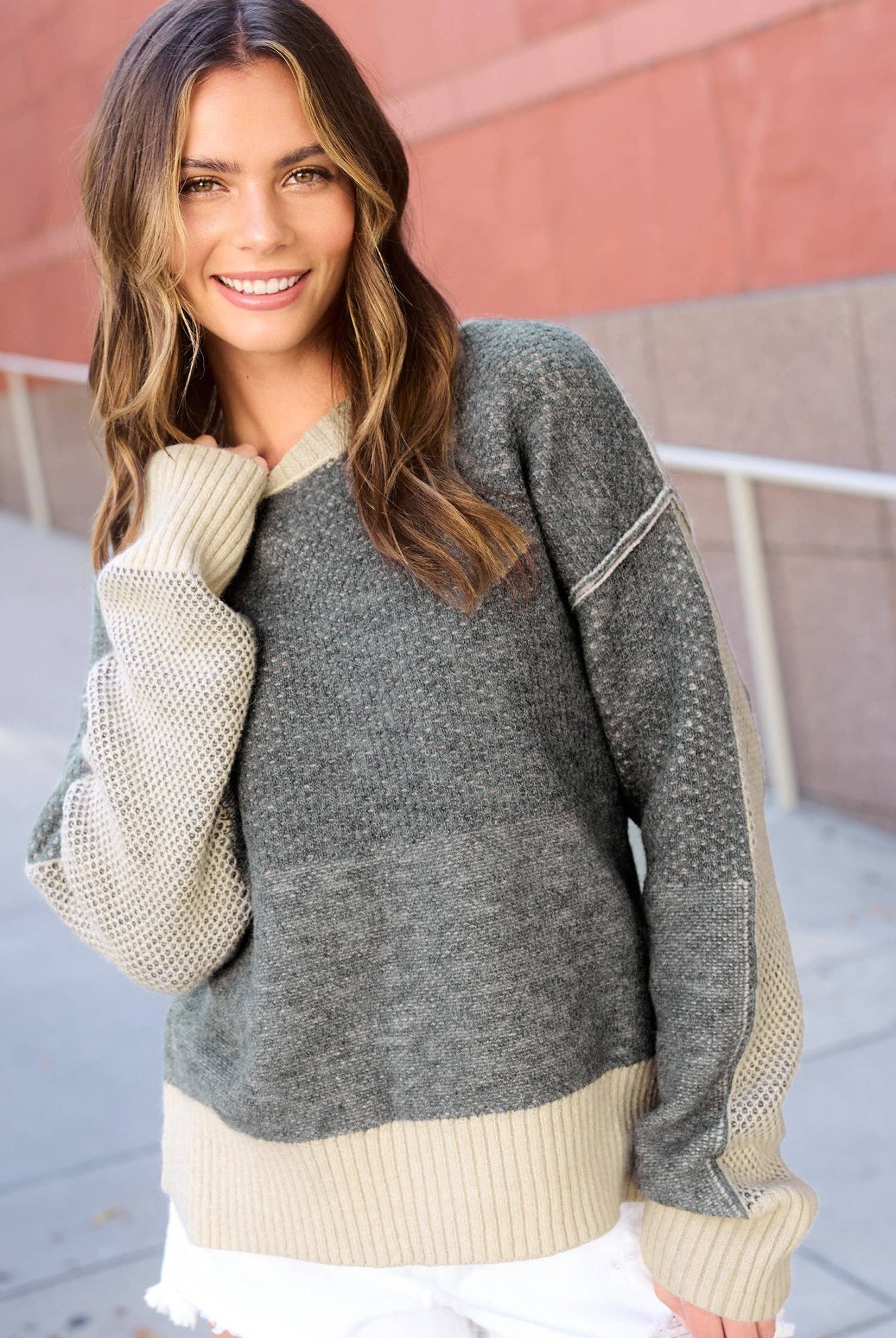 Loose Fit Color Block Textured Round Neck Sweater - Baked Ginger Medium available - Cowhide and Conchos