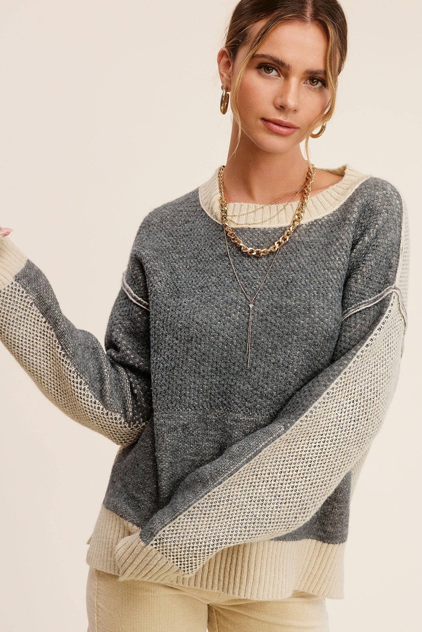 Loose Fit Color Block Textured Round Neck Sweater - Baked Ginger Medium available - Cowhide and Conchos