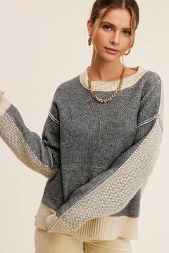 Loose Fit Color Block Textured Round Neck Sweater - Baked Ginger Medium available - Cowhide and Conchos