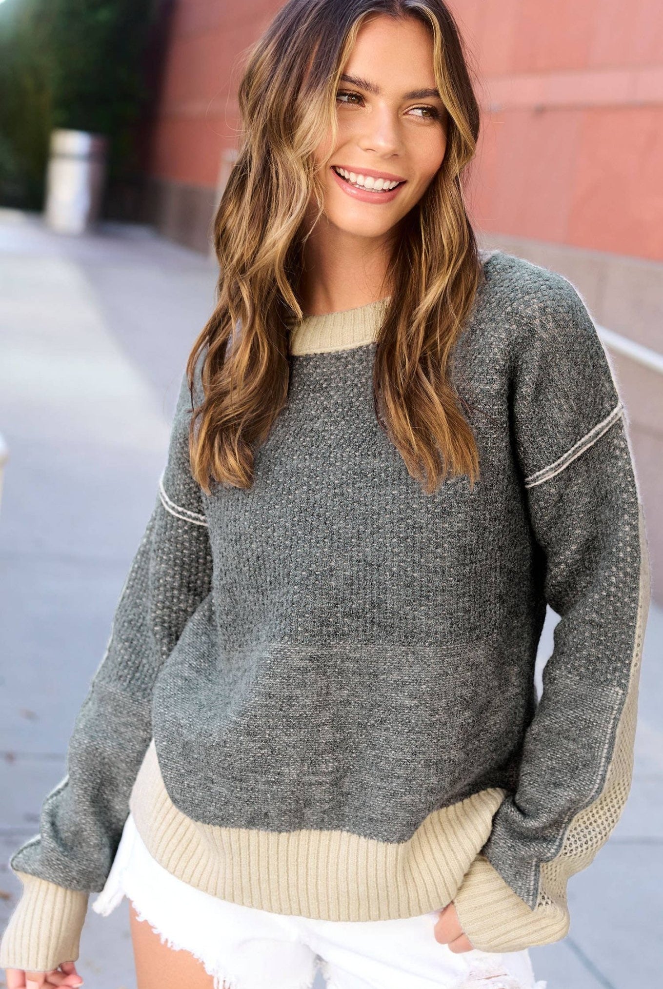 Loose Fit Color Block Textured Round Neck Sweater - Baked Ginger Medium available - Cowhide and Conchos