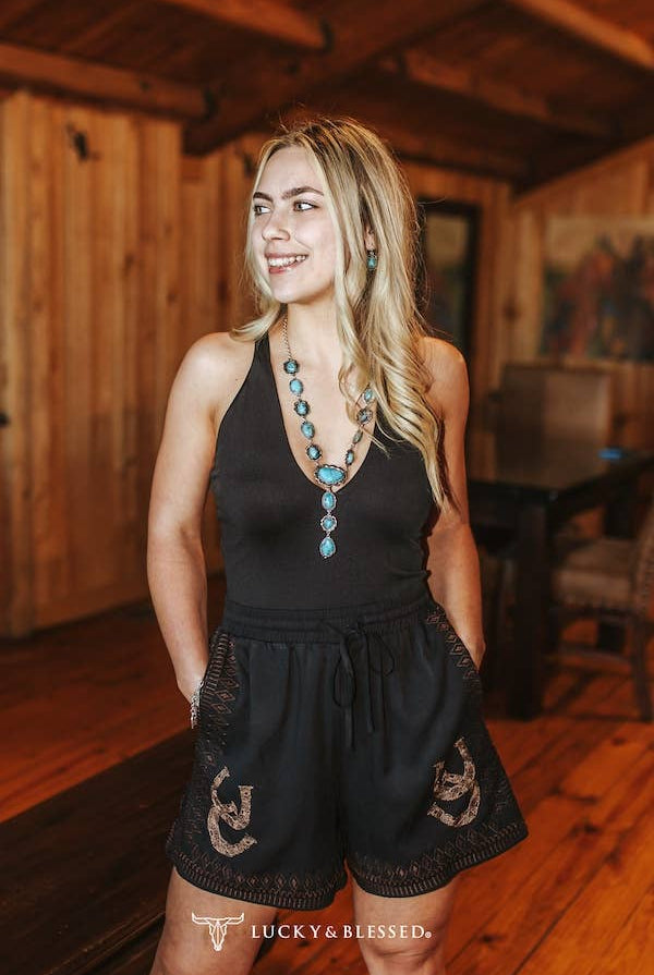 Lucky Embroidered Drawstring Shorts - Cowhide and Conchos