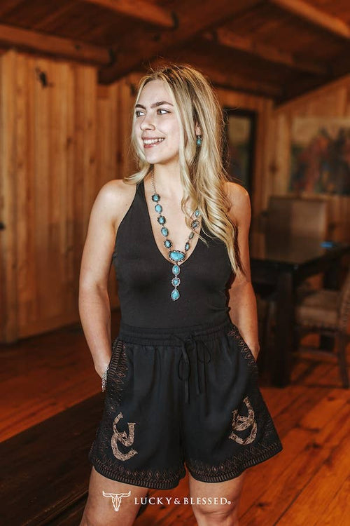 Lucky Embroidered Drawstring Shorts - Cowhide and Conchos