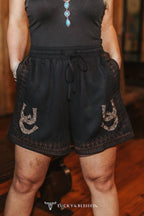 Lucky Embroidered Drawstring Shorts - Cowhide and Conchos