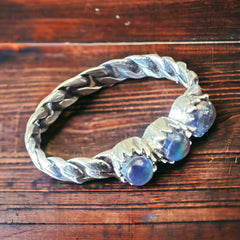 Lux Aurora Opal Blue Sterling Stacker Ring - Cowhide and Conchos