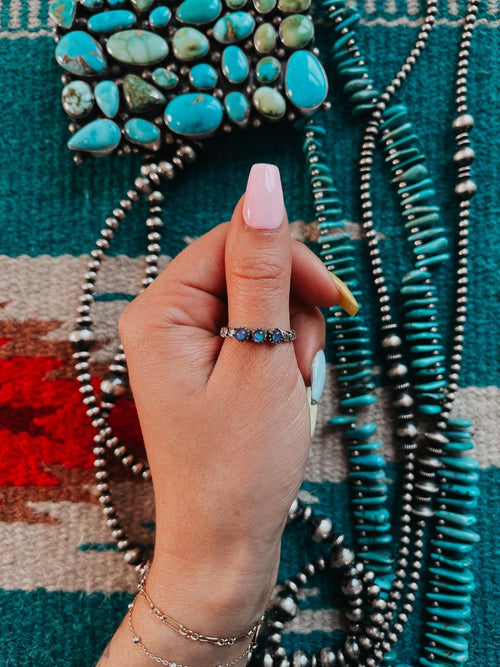 Lux Aurora Opal Blue Sterling Stacker Ring - Cowhide and Conchos