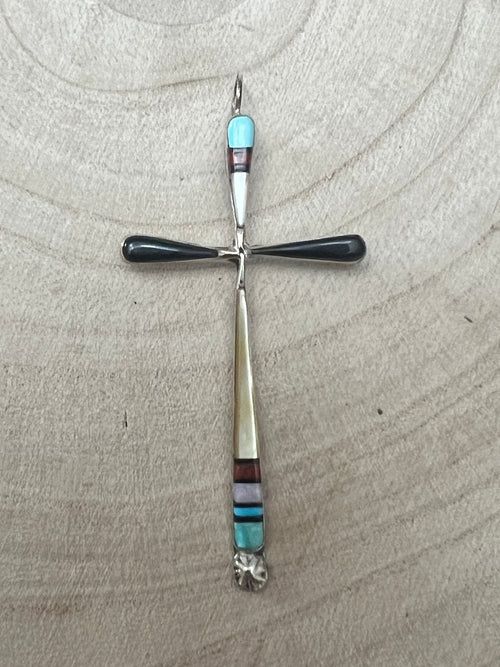 Lynette Bowannie Multi - Stone Inlay Cross Pendant - Cowhide and Conchos