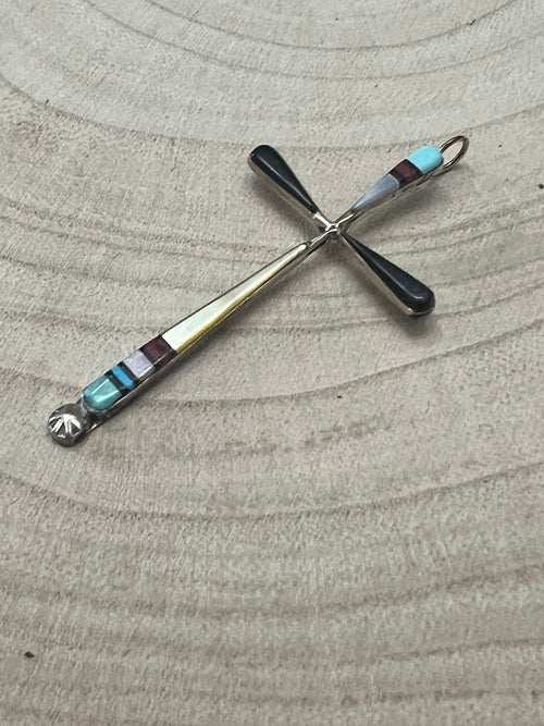 Lynette Bowannie Multi - Stone Inlay Cross Pendant - Cowhide and Conchos