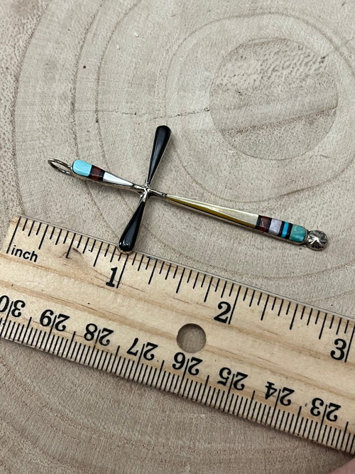 Lynette Bowannie Multi - Stone Inlay Cross Pendant - Cowhide and Conchos