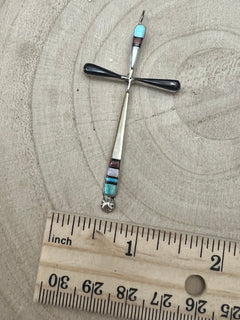 Lynette Bowannie Multi - Stone Inlay Cross Pendant - Cowhide and Conchos