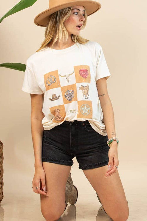 Maggie Western Elements Checker Graphic Relaxed fit T-shirt - Cowhide and Conchos