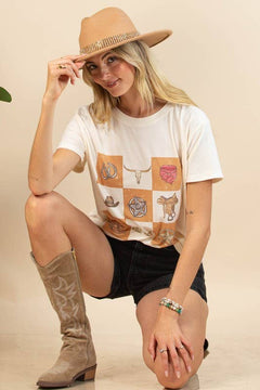 Maggie Western Elements Checker Graphic Relaxed fit T-shirt - Cowhide and Conchos