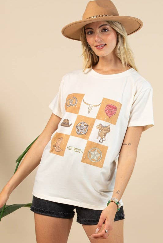 Maggie Western Elements Checker Graphic Relaxed fit T-shirt - Cowhide and Conchos