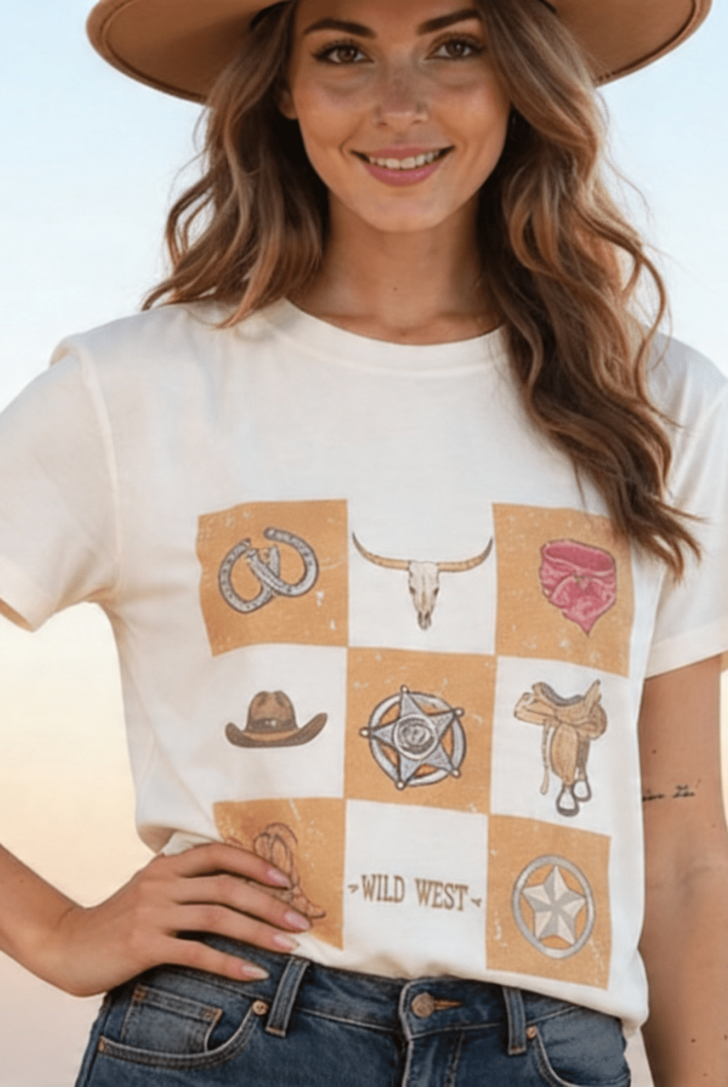 Maggie Western Elements Retro Checker Graphic Tee – Relaxed Fit - Cowhide and Conchos