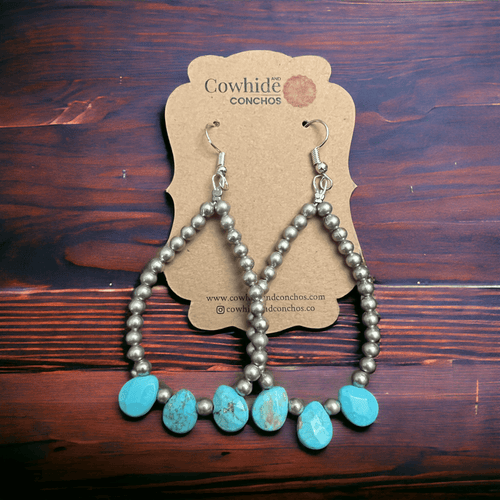 Magnesite Turquoise Teardrop Earrings Dangle Western Jewelry - 3 inch drop! - Cowhide and Conchos