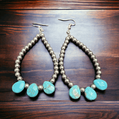 Magnesite Turquoise Teardrop Earrings Dangle Western Jewelry - 3 inch drop! - Cowhide and Conchos