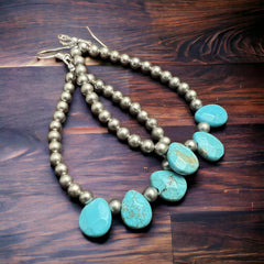 Magnesite Turquoise Teardrop Earrings Dangle Western Jewelry - 3 inch drop! - Cowhide and Conchos