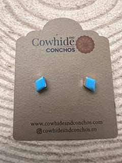 Maryann Nelia Zuni Handmade Sterling Kingman Turquoise Stud Earrings - Cowhide and Conchos