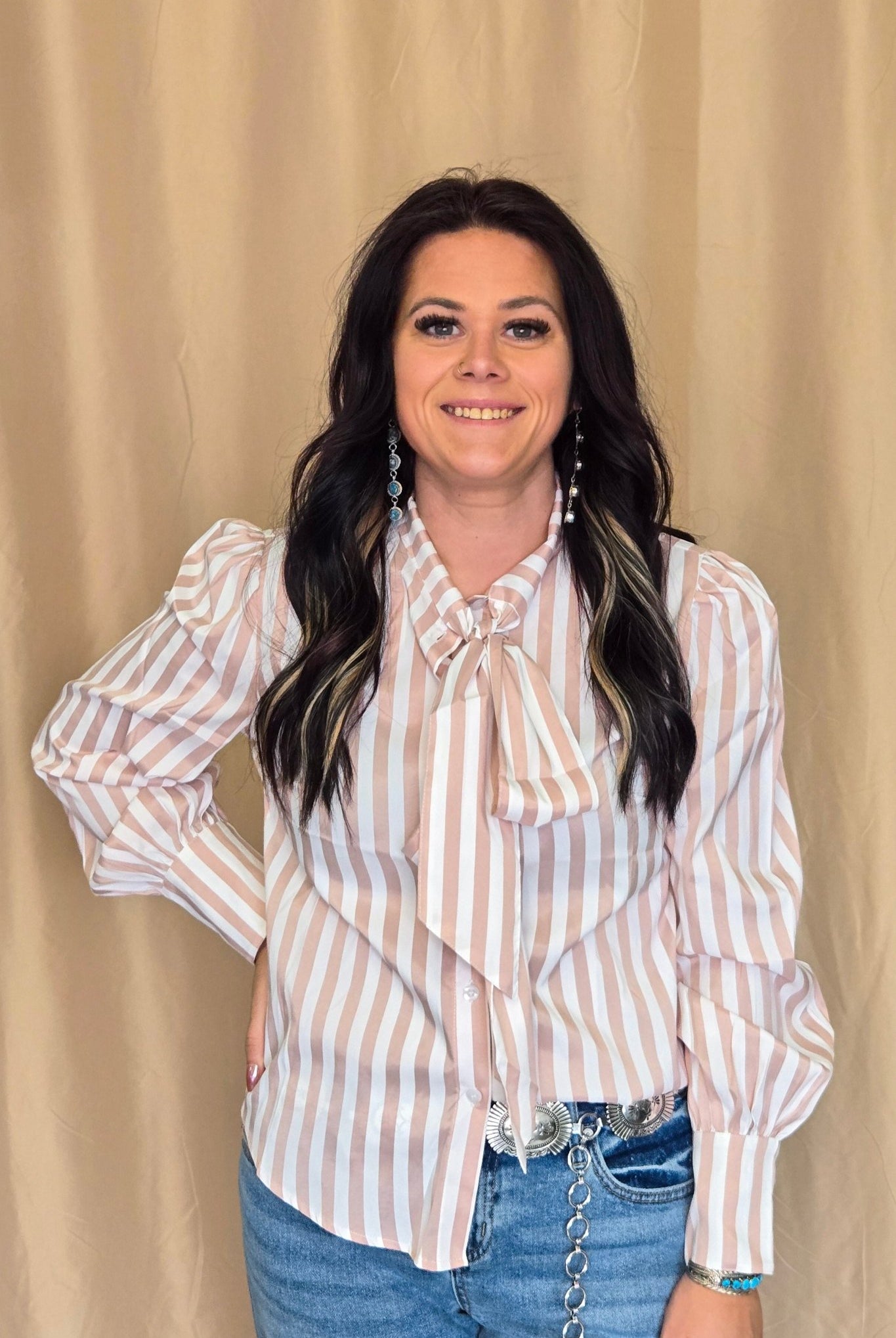 Mauve Stripe Long Sleeve Bow Tie Top - Cowhide and Conchos