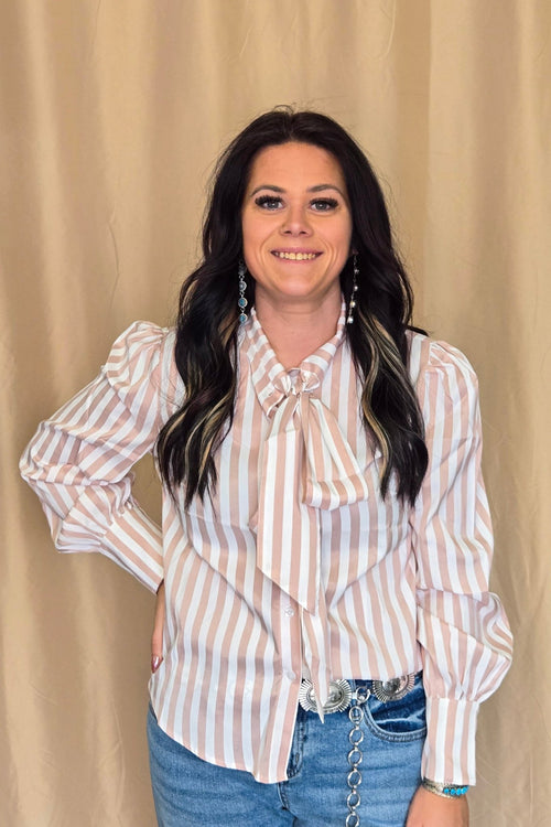 Mauve Stripe Long Sleeve Bow Tie Top - Cowhide and Conchos
