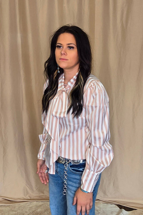 Mauve Stripe Long Sleeve Bow Tie Top - Cowhide and Conchos