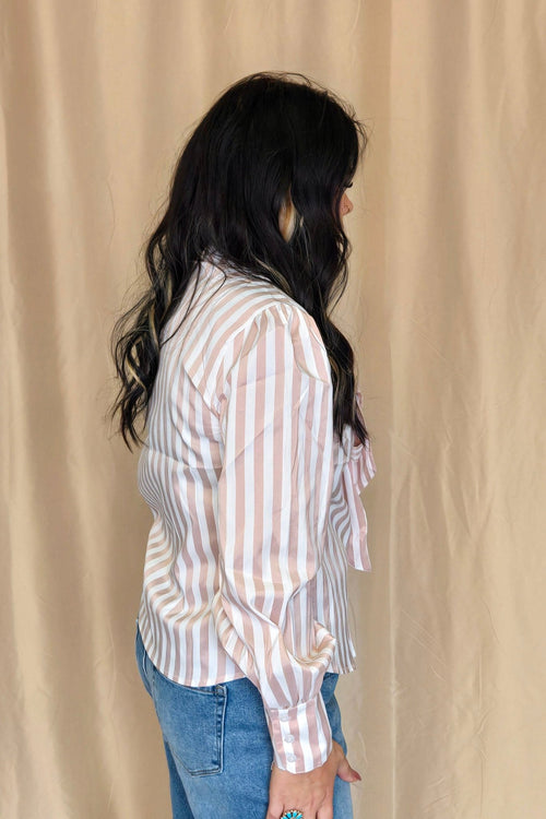 Mauve Stripe Long Sleeve Bow Tie Top - Cowhide and Conchos