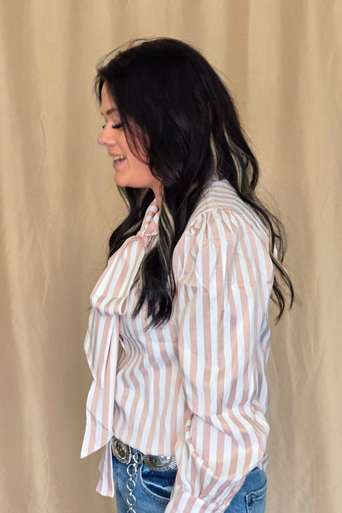 Mauve Stripe Long Sleeve Bow Tie Top - Cowhide and Conchos