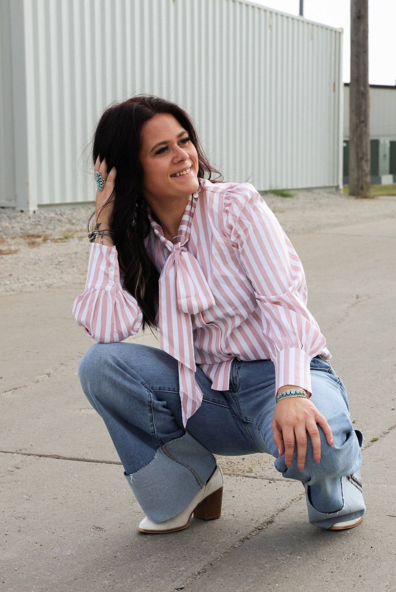 Mauve Stripe Long Sleeve Bow Tie Top - Cowhide and Conchos